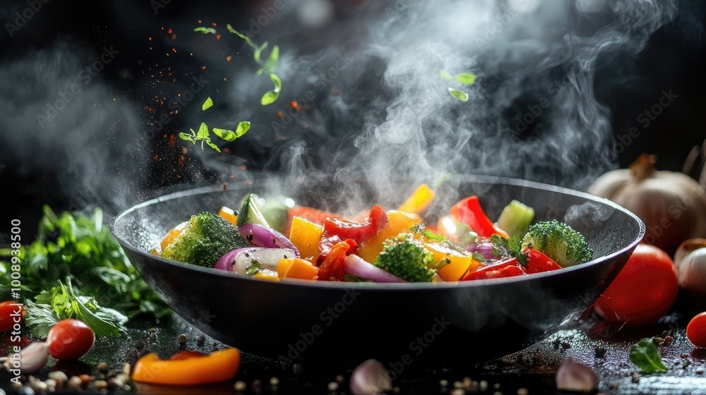A visually appealing scene of colorful vegetables sizzling in a hot wok, with herbs and spices beautifully arranged around them, emphasizing the artistry of Asian cooking. A visually appealing scene of colorful vegetables sizzling in a hot wok, with herbs and spices beautifully arranged around them, emphasizing the artistry of Asian cooking.