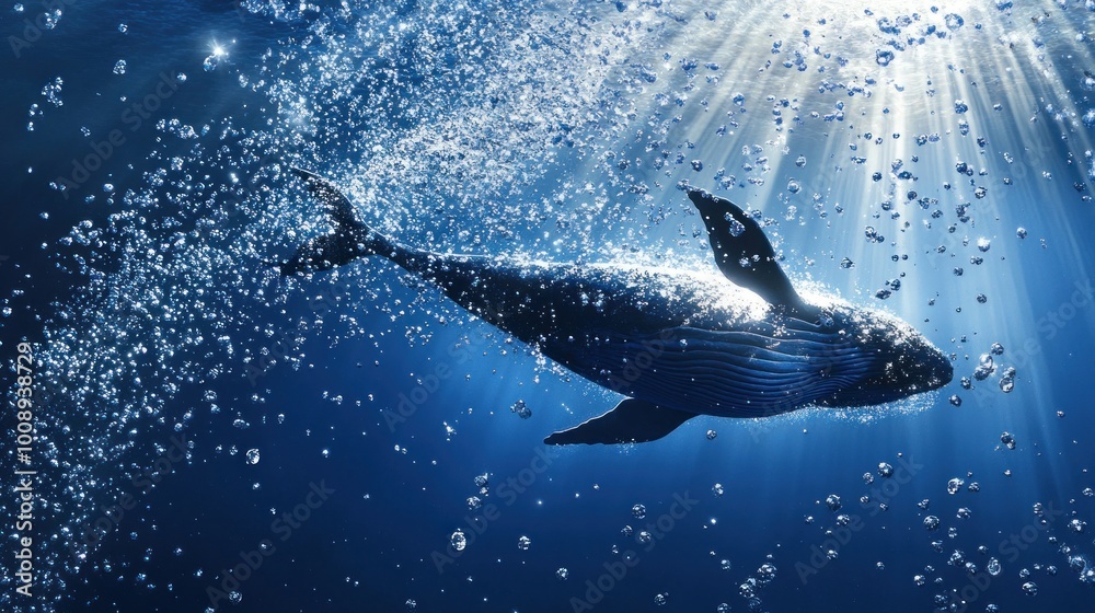 Naklejka premium A whale swimming gracefully through bubbles in a sunlit underwater scene.