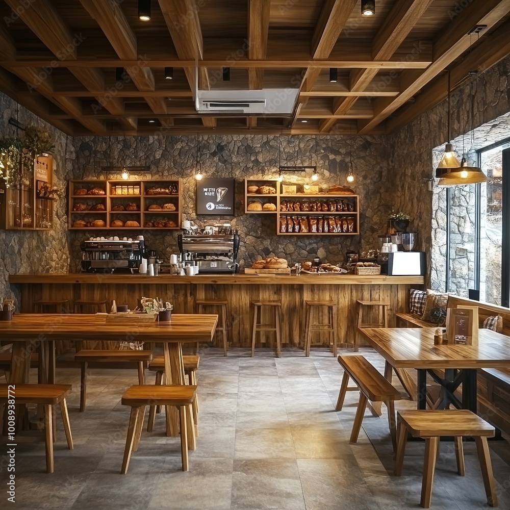 Interior design and decoration at 'MYTH OVEN' local bakery shop and coffee cafe decorated with wooden furniture in cozy style Interior design and decoration at 'MYTH OVEN' local bakery shop and coffee cafe decorated with wooden furniture in cozy style
