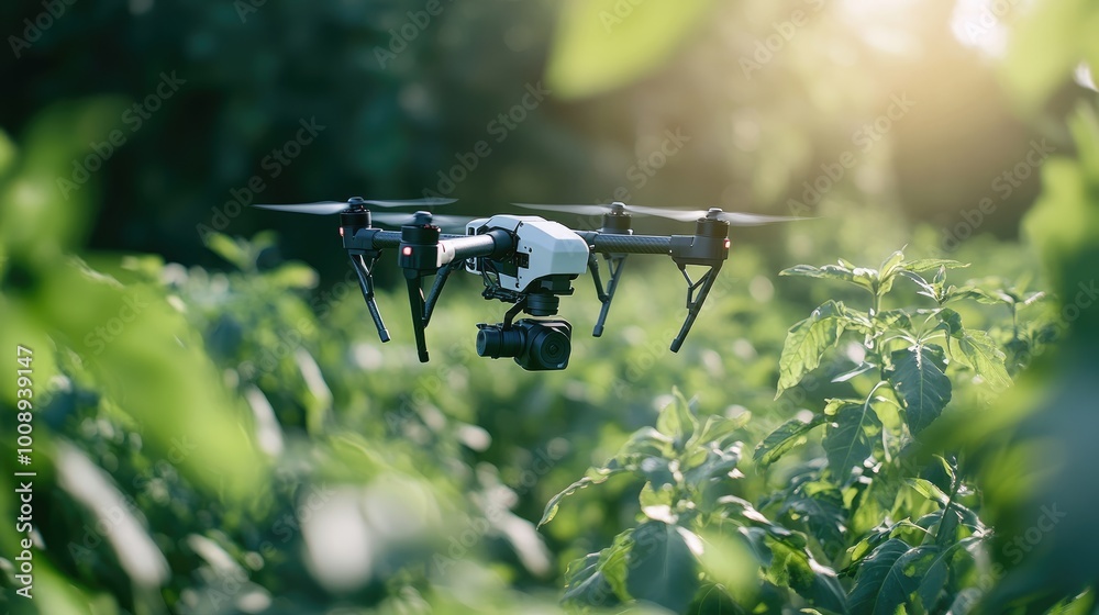 Modern farm tech with a robotic arm and drone enhancing crop production Modern farm tech with a robotic arm and drone enhancing crop production