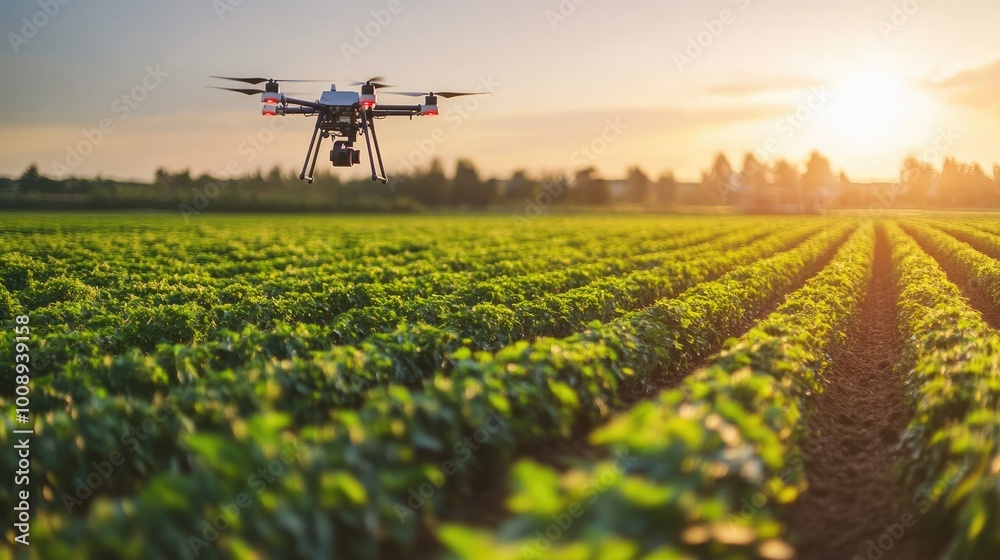 Modern farm tech with a robotic arm and drone enhancing crop production Modern farm tech with a robotic arm and drone enhancing crop production
