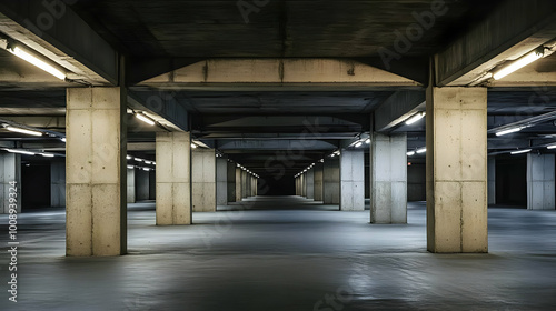 Empty Concrete Underground Parking Structure