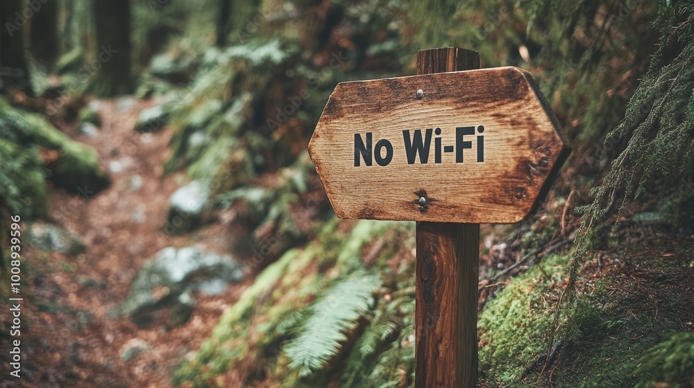 A wooden no wi-fi sign in the middle of a lush forest on a hiking trail, green eco-friendly nature, professional photography A wooden no wi-fi sign in the middle of a lush forest on a hiking trail, green eco-friendly nature, professional photography