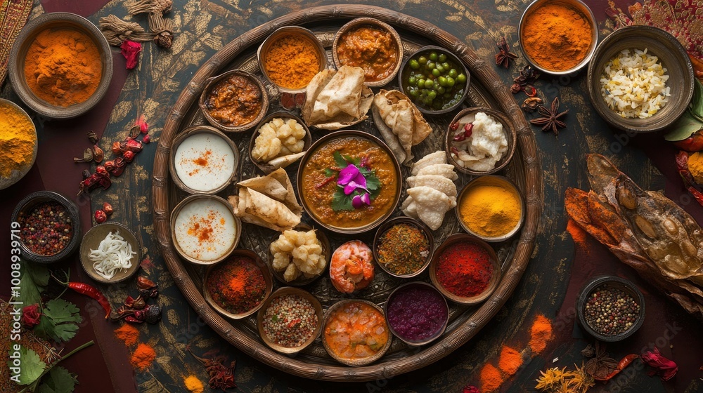 Fototapeta premium Aerial perspective of a round thali filled with an assortment of Indian dishes, with vibrant colors and textures,