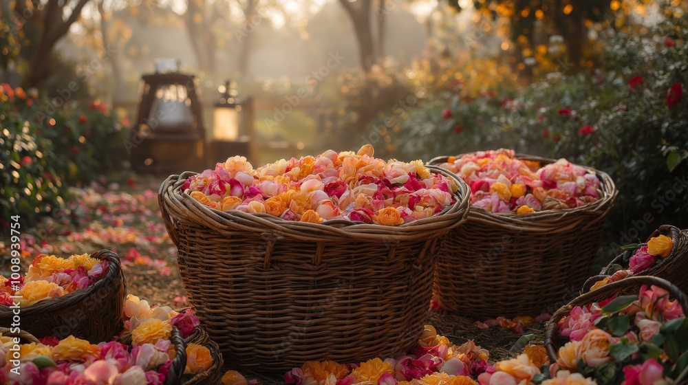 Blooming garden at golden hour with baskets of harvested flowers for fragrance distillation Blooming garden at golden hour with baskets of harvested flowers for fragrance distillation