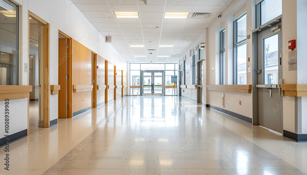 View of empty hospital corridor with wooden doors View of empty hospital corridor with wooden doors
