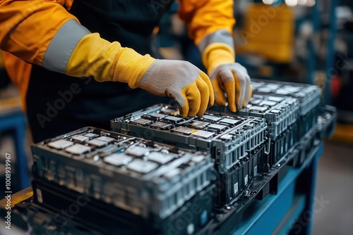 technician in gloves inspecting a used lithiumion car battery exemplifying handson expertise in electric vehicle maintenance the focus on safety and precision highlights industry standards photo