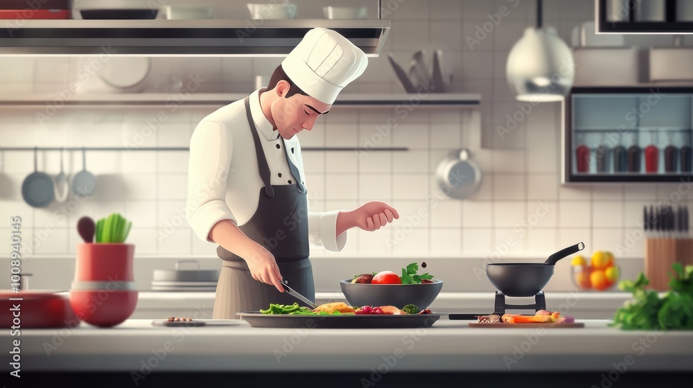 Professional chef preparing a selection of meals in a clean, modern kitchen, with a spacious area for text. Realistic, very detailed. Professional chef preparing a selection of meals in a clean, modern kitchen, with a spacious area for text. Realistic, very detailed.