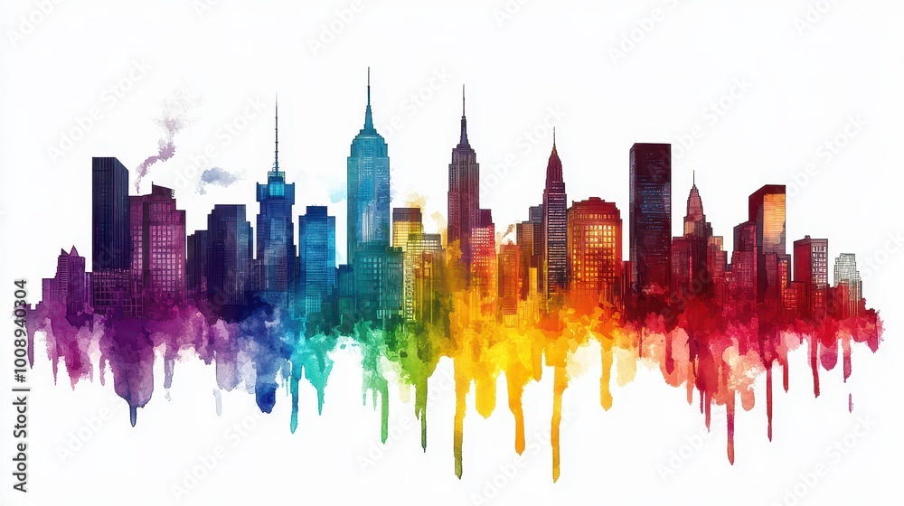 Fototapeta premium Watercolor Skyline of a City with Rainbow Drips
