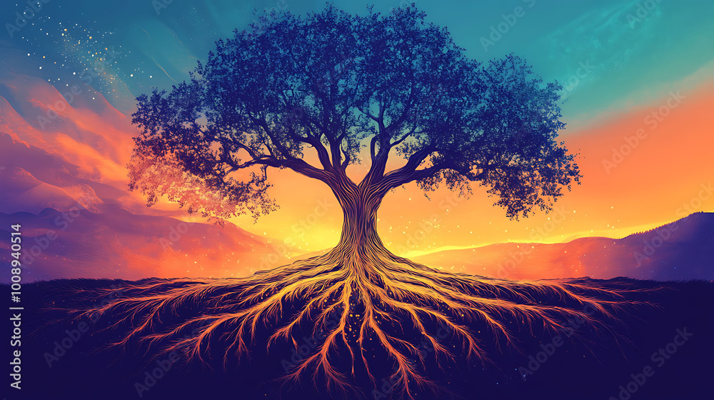A large tree with exposed roots against a vibrant sunset sky. A large tree with exposed roots against a vibrant sunset sky.