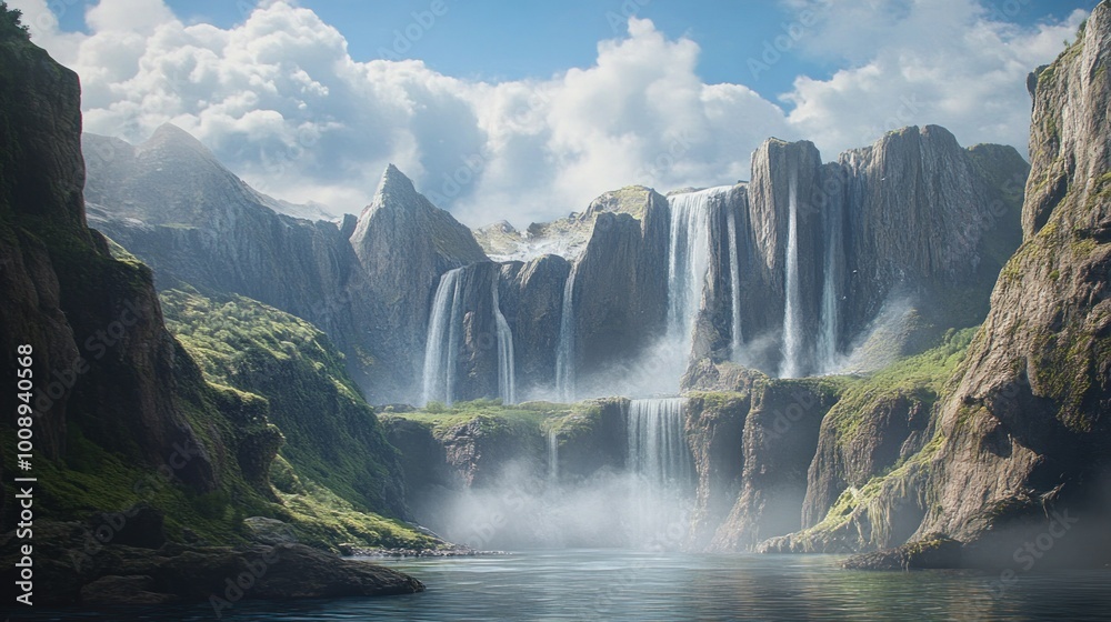 Naklejka premium Majestic Waterfalls Cascading Down a Lush Mountain Gorge