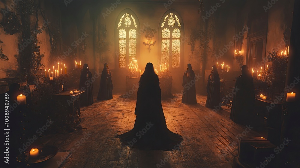A spooky Halloween s?(C)ance in a candlelit room, with participants dressed in dark gothic attire and eerie shadows on the walls. A spooky Halloween s?(C)ance in a candlelit room, with participants dressed in dark gothic attire and eerie shadows on the walls.