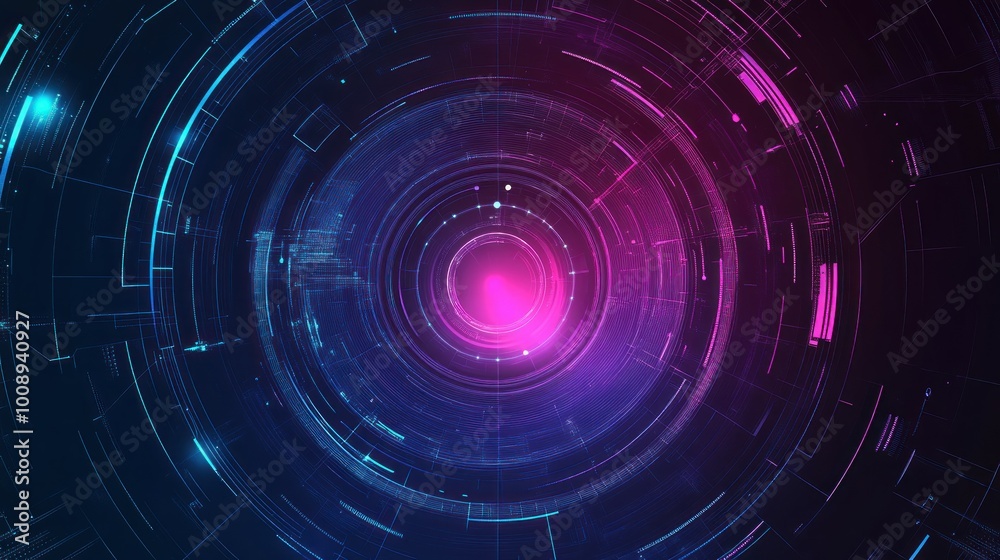 Abstract digital art with concentric glowing circles and lines in blue and pink Abstract digital art with concentric glowing circles and lines in blue and pink
