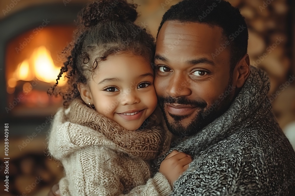 A father kneeling to embrace his young daughter by a warm fireplace on a cozy winter evening A father kneeling to embrace his young daughter by a warm fireplace on a cozy winter evening