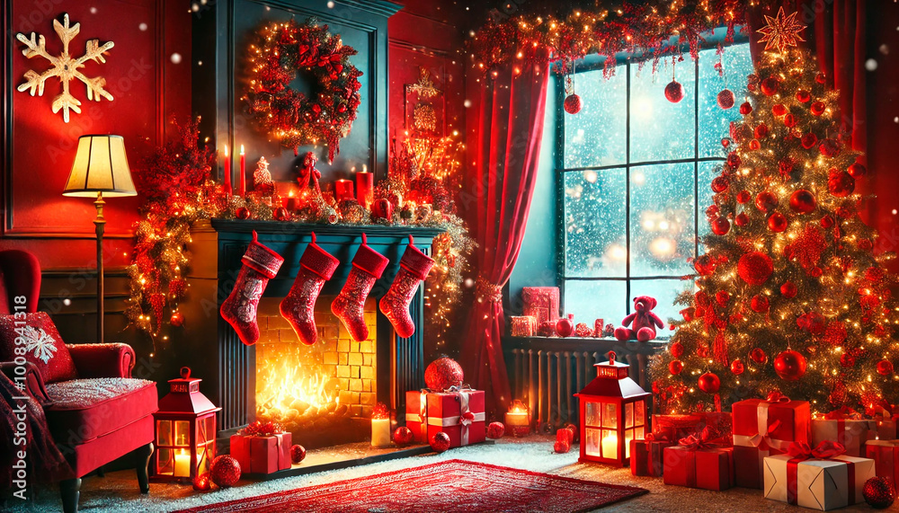 Interior Room with a fireplace and a large window decorated for the New Year and Christmas holidays. A snowy landscape and burning lanterns are visible in the window Interior Room with a fireplace and a large window decorated for the New Year and Christmas holidays. A snowy landscape and burning lanterns are visible in the window