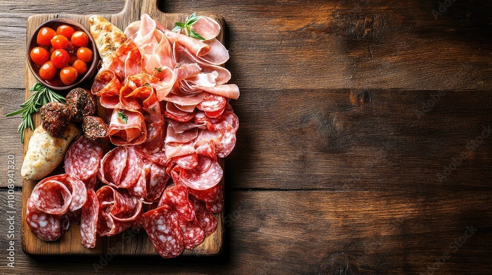 Meat antipasto platter with salami, prosciutto, and bacon, laid out on a wooden table, with copy space Meat antipasto platter with salami, prosciutto, and bacon, laid out on a wooden table, with copy space