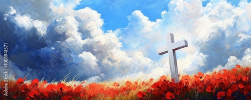 White cross on peaceful red poppy field under blue sky. with space for text. Veterans Day, ANZAC Day, Remembrance Day banner for 11th November and 25th April photo