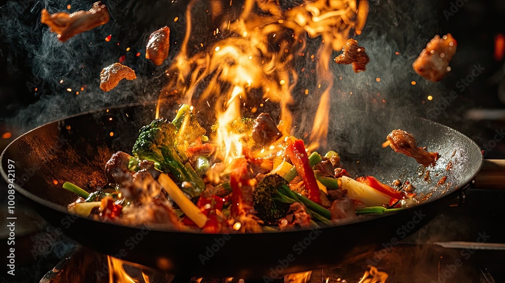 Aerial view of a vibrant culinary action shot with a wok pan showcasing flying vegetables and meat amidst bright flames Aerial view of a vibrant culinary action shot with a wok pan showcasing flying vegetables and meat amidst bright flames