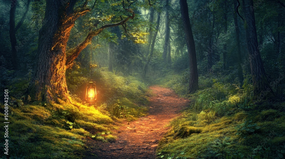 Fototapeta premium Twilight forest path glowing with soft lantern light, casting a warm glow over the trees and mossy ground, evoking enchantment. Realistic, very detailed