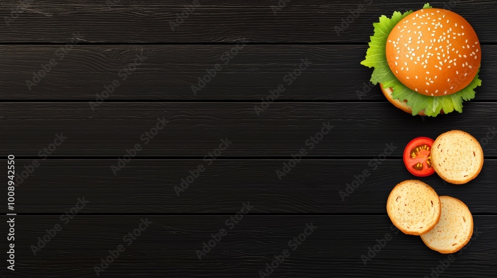 Minimalist vector design of a hamburger with lettuce and tomato slices on a dark wooden floor background. Minimalist vector design of a hamburger with lettuce and tomato slices on a dark wooden floor background.