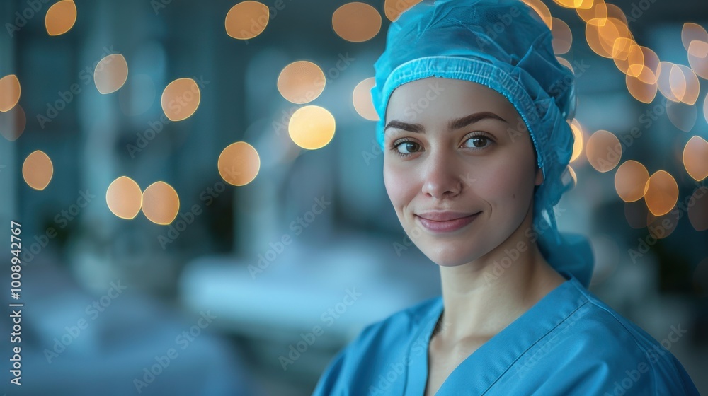 Smiling healthcare professional in scrubs with bokeh lights