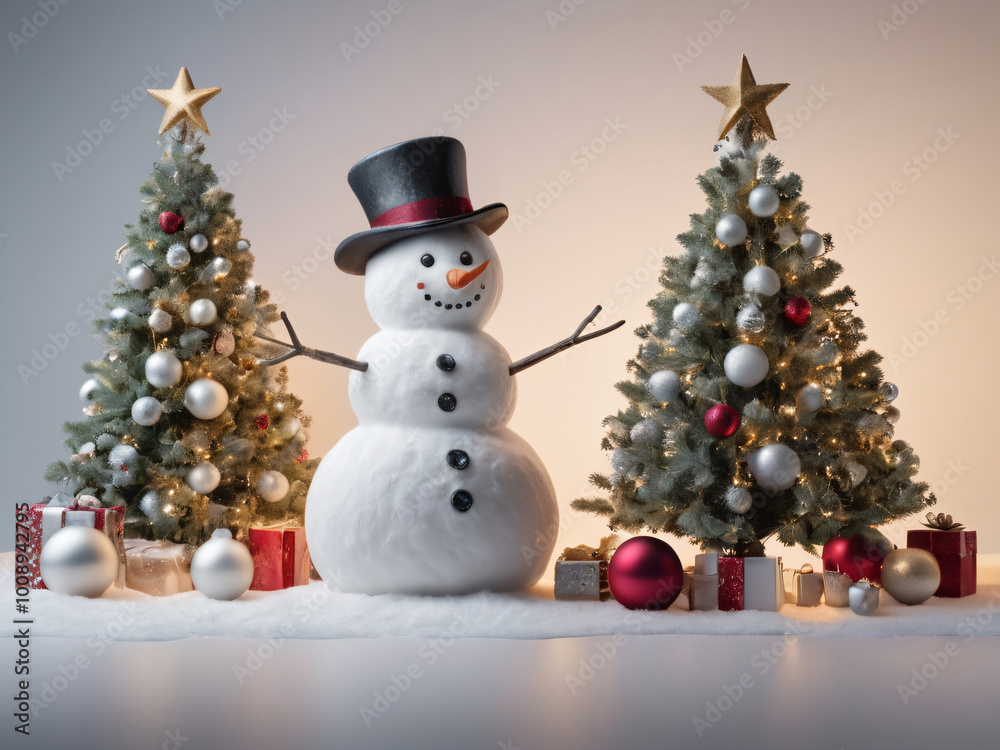 Illustration of a winter wonderland with a classic Christmas tree and snowman. Illustration of a winter wonderland with a classic Christmas tree and snowman.