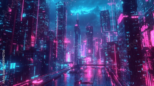 Wallpaper Mural Vibrant neon cityscape at night showcasing a cyberpunk aesthetic with towering skyscrapers illuminated in electric blue and pink hues Torontodigital.ca