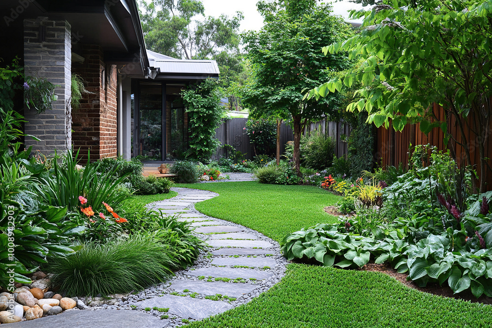 Obraz premium Landscape design. Front yard with lush lawn and beautifully landscaped garden. Generated by artificial intelligence