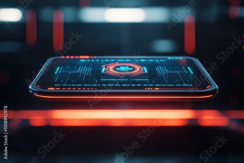 A futuristic smartphone with a vibrant interface, showcasing digital elements in a high-tech environment illuminated by vivid red lighting. photo