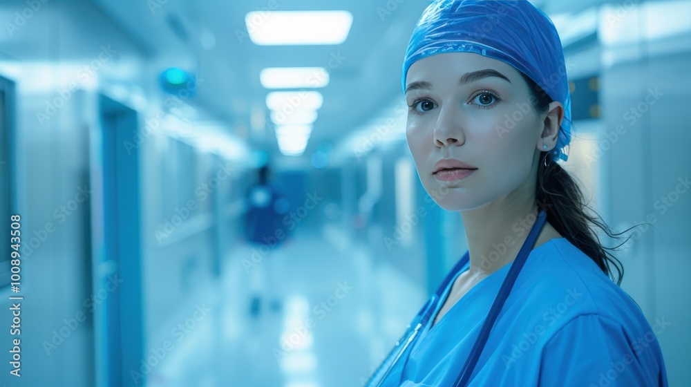 Blue-scrubbed healthcare worker in hospital hallway