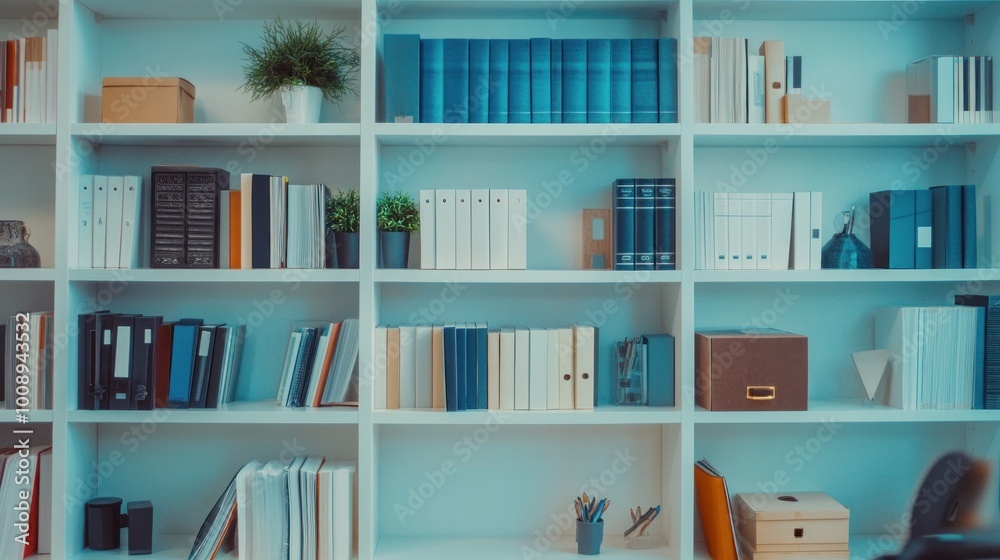 Close-up of white office shelves with different stationery items displayed Close-up of white office shelves with different stationery items displayed