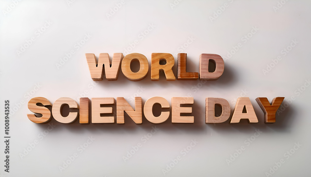 WORLD SCIENCE DAY. wooden Thick block letters with minimal decoration, perfect word WORLD SCIENCE DAY. wooden Thick block letters with minimal decoration, perfect word