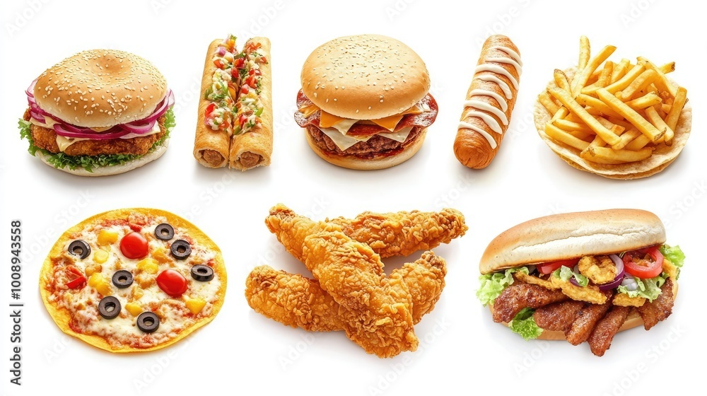 An appetizing fast food set featuring fried chicken, tacos, pizza, corndogs, sandwiches, and fries, An appetizing fast food set featuring fried chicken, tacos, pizza, corndogs, sandwiches, and fries,