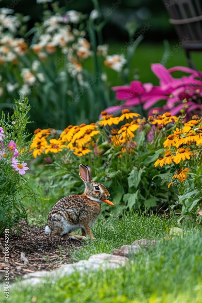 Obraz premium A rabbit nibbling on a carrot amidst colorful flowers in a garden.