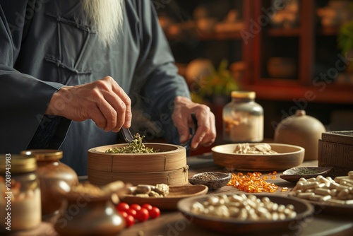 Traditional Chinese medicine practitioner prepares herbal remedies. Man in white clothes handles herbs on wooden table. Holistic healing, natural therapy, ancient wisdom.