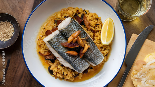 A beautifully plated Sayadieh, featuring perfectly cooked fish fillets on spiced rice. Garnished with caramelized onions and toasted nuts, it's served with a wedge of lemon for freshness.






 photo