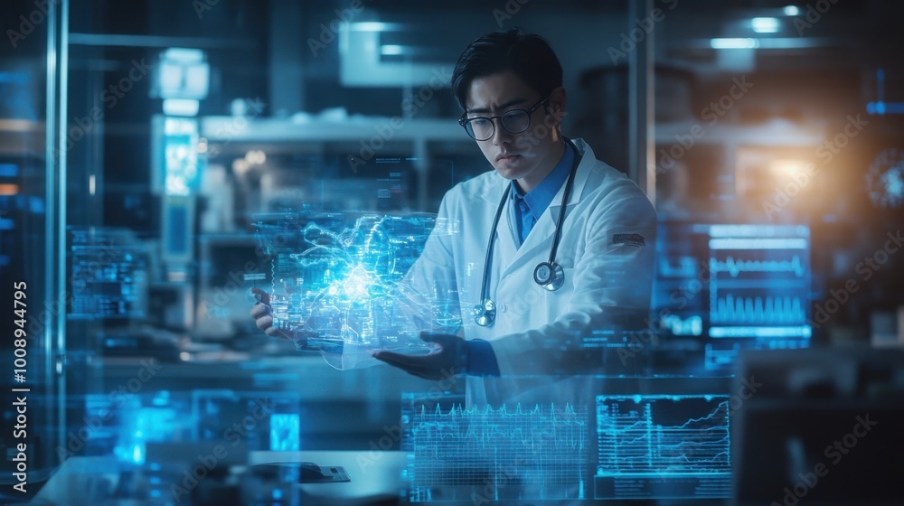 Front view of a doctor using AI-driven holographic tools to diagnose complex conditions in a futuristic medical lab.