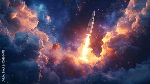 A powerful rocket launches through a swirling nebula of gas and dust, leaving a trail of fire and smoke in its wake.