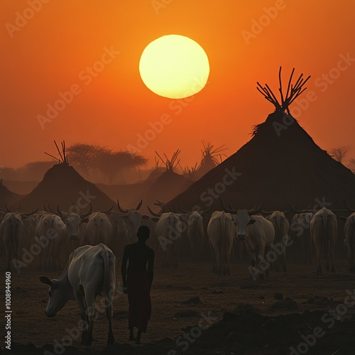 Backlit photo of a Mundari cattle camp at sunset, Mundari tribe, South Sudan, Africa photo