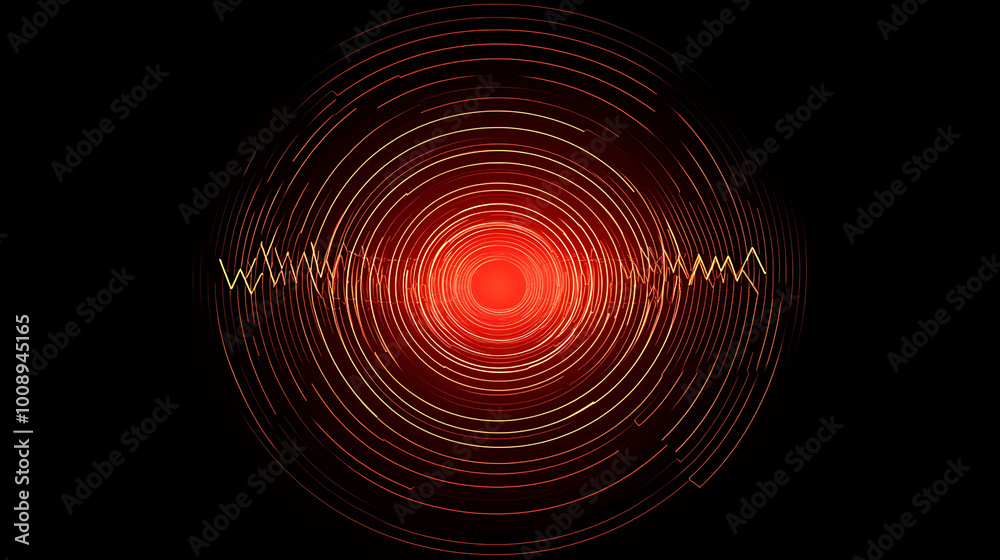 Abstract red and yellow concentric circles with a wavy line in the middle on a black background. Abstract red and yellow concentric circles with a wavy line in the middle on a black background.