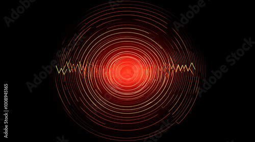 Abstract red and yellow concentric circles with a wavy line in the middle on a black background.