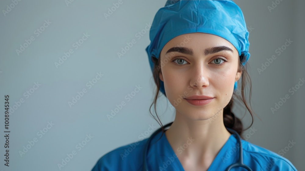 Young female healthcare worker wearing scrubs and cap