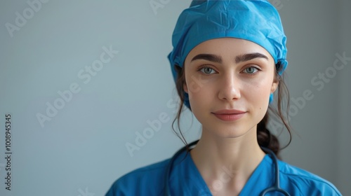Obraz na płótnie Young female healthcare worker wearing scrubs and cap w salonie