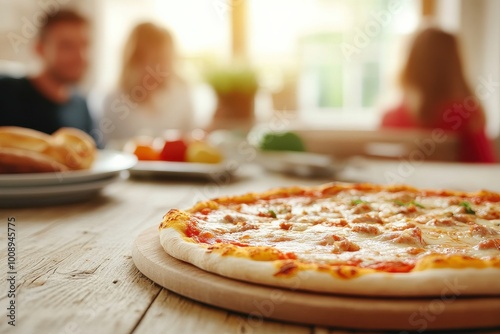 Freshly baked pizza on a wooden board with a casual dining background photo