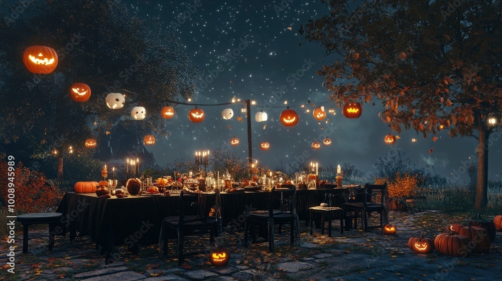 A spooky outdoor dining setup with friends enjoying Halloween-themed meals under the stars. A spooky outdoor dining setup with friends enjoying Halloween-themed meals under the stars.