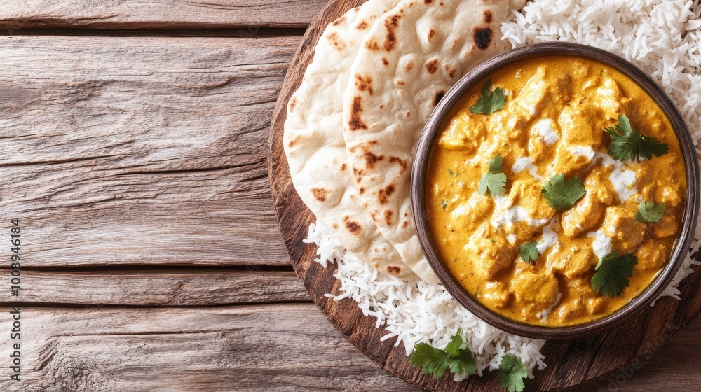 An inviting arrangement of chicken korma served with rice and naan, displayed on a rustic wooden table, offering generous space around the dish for promotional text. An inviting arrangement of chicken korma served with rice and naan, displayed on a rustic wooden table, offering generous space around the dish for promotional text.
