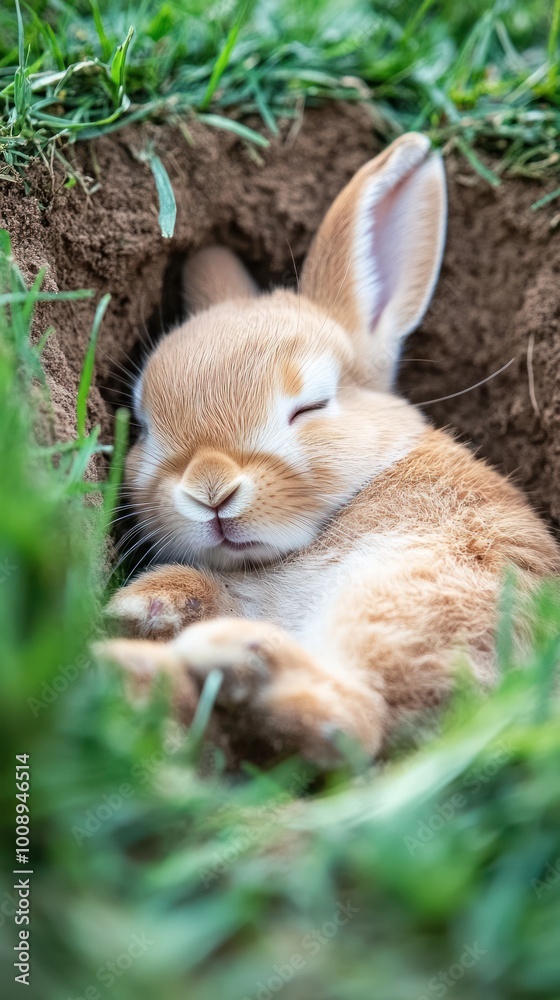 A sleeping bunny nestled in a burrow surrounded by grass. A sleeping bunny nestled in a burrow surrounded by grass.