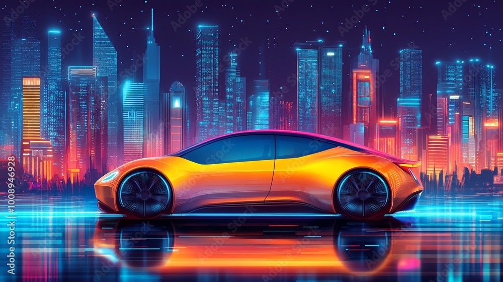 Futuristic car in a neon city at night.