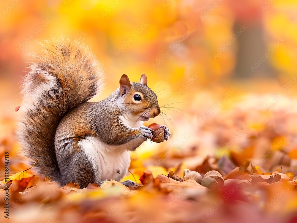 Cautious Squirrel Nibbling on Autumn Acorn with Vibrant Background