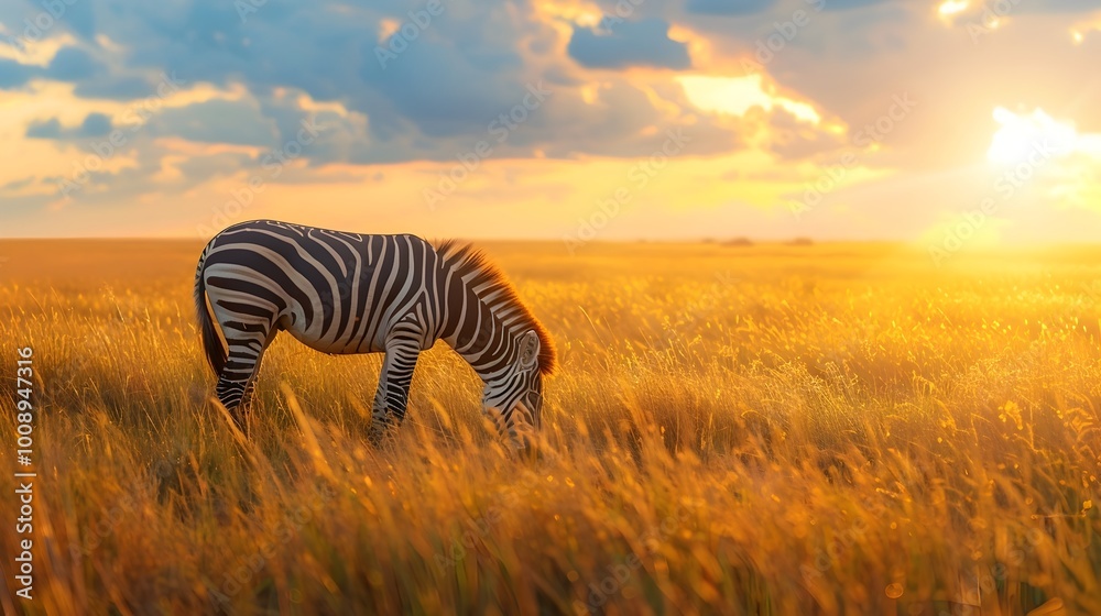 Naklejka premium Zebra Grazing on Savanna Grass at Sunset with Peaceful Scenic Landscape